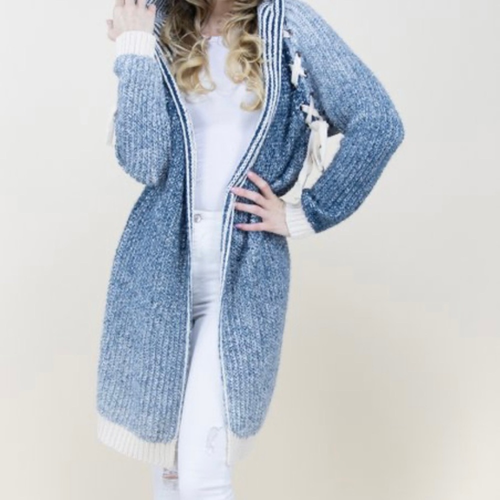 Kloth & Clover Blue Laced- Sleeve Hooded Long Open Cardigan - Women